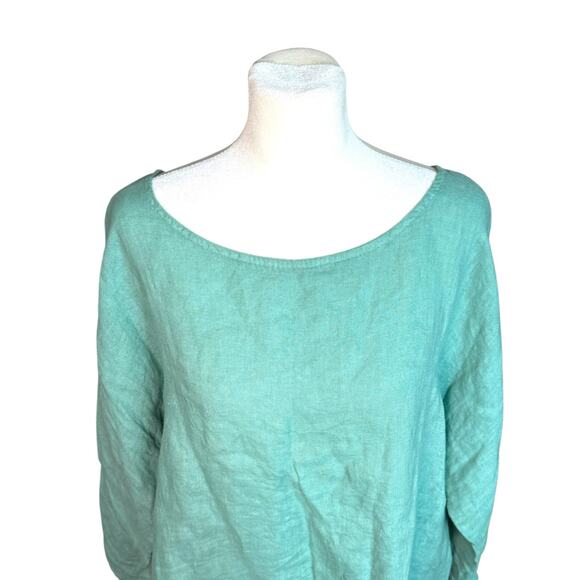 GIUSY Linen Blouse Women M Cyan Italy Boxy Minimalist Quiet Luxury Casual Top - Picture 2 of 10